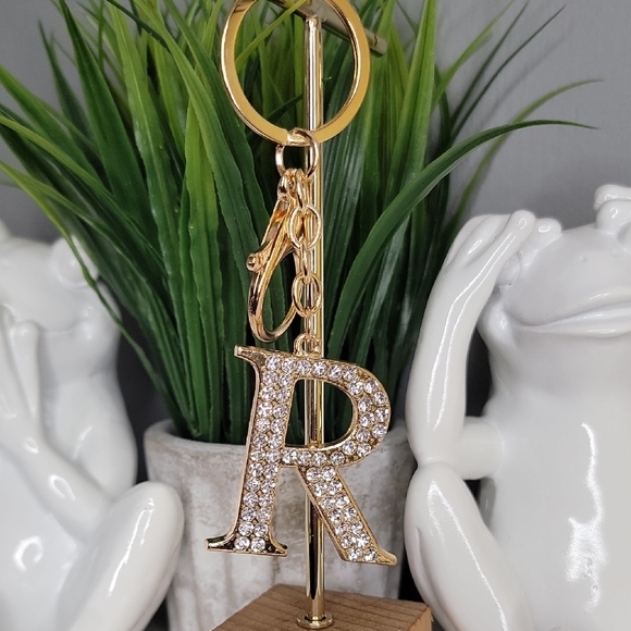 Letter R Initial R Alphabet R Rhinestone Gold Key Chain Bag Charm - Picture 6 of 7